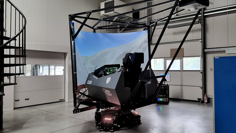 F-35 motion simulator with curved screen and XR